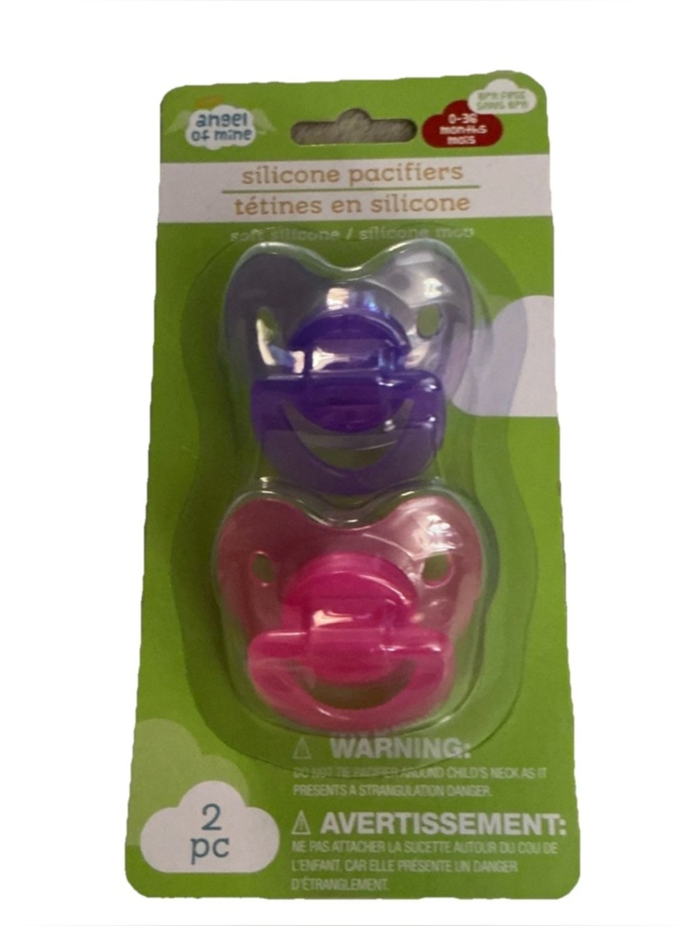 Angel of Mine NEW Silicone Pacifiers, 2-ct Pink and Purple, 0-36 mos, BPA Free